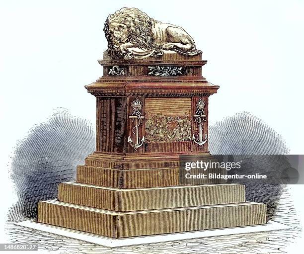 Sad lion, monument in the cemetery of the island of Lissa commemorating the naval battle of Lissa on July 20 today Croatia, Historical, digitally...