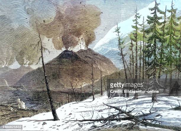 Eruption of Etna volcano, Etna, in 1865, Sicily, Italy, Historical, digitally restored reproduction of an original artwork from the 19th century,...
