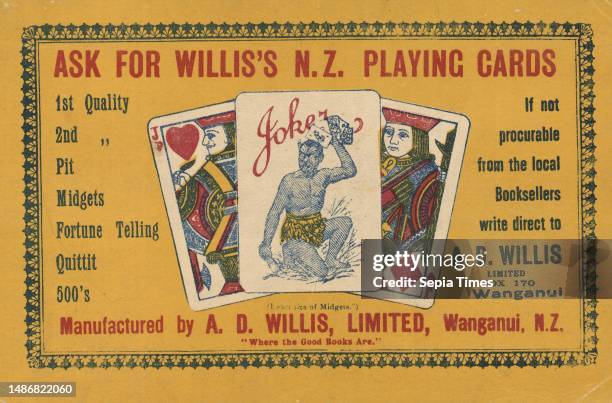 Ask for Willis's N.Z. Playing cards. Manufactured by A D Willis, Limited, Wanganui, New Zealand, N.Z. Blotter. Ca 1920s?, An advertisement for...