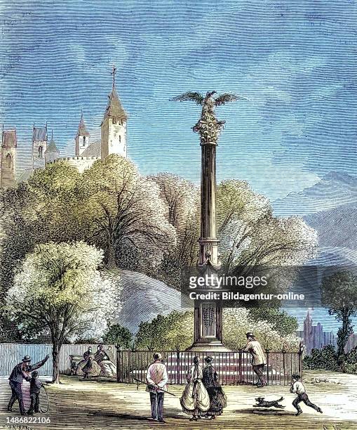 The new polish monument, on the shore of lake zurich, lake zurich, Zurich Switzerland, Historical, digitally restored reproduction of an original...