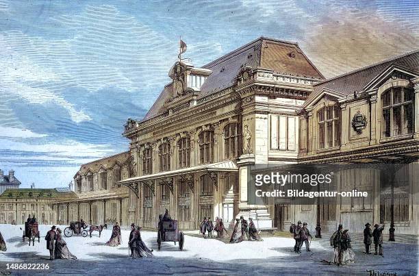 The station of the Orleans railroad France, Historical, digitally restored reproduction of an original artwork from the 19th century, exact original...