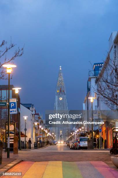 The Hallgrimskirkja church illuminated at night on April 18, 2023 in Reykjavik,, Iceland.