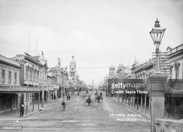 View of Victoria Avenue, Wanganui, New Zealand, View of Victoria Avenue, Wanganui, New Zealand from City Bridge. The post office clock tower is...