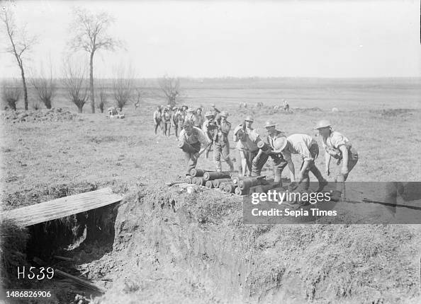 Colin Anton Shell Stacking ammunition for a trench mortar battery, Colincamps, Soldiers ...
