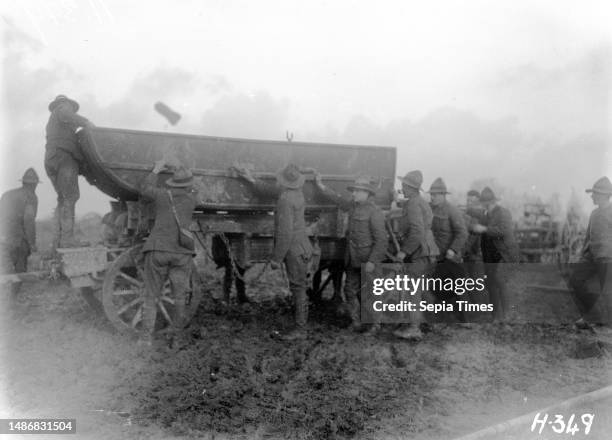 World War I New Zealand engineers loading a pontoon, Chateau Segard, Belgium, World War I New Zealand engineers loading a pontoon onto a cart at...