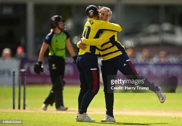 Alice Capsey of South East Stars celebrates the wicket of Claire Nicholas of Western Storm for their sixth wicket during the Rachael Heyhoe Flint...