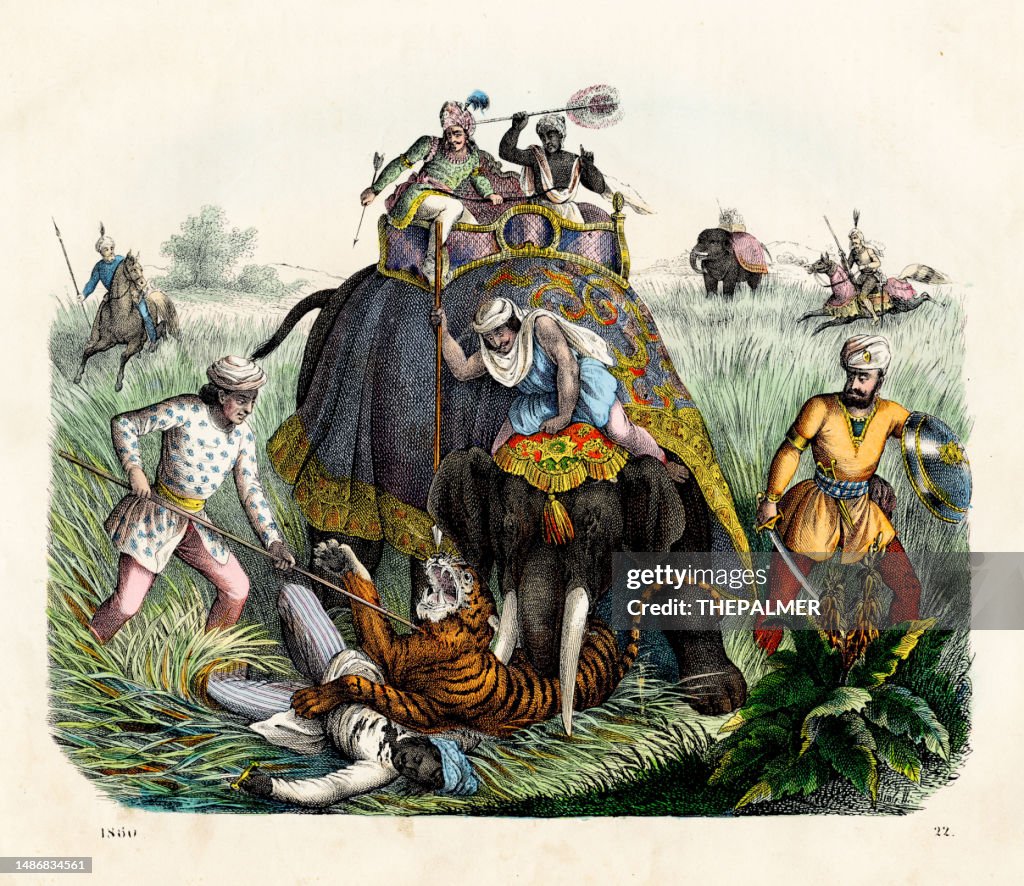 La caza del tigre en INdia usando elefantes Cromolitografía 1860