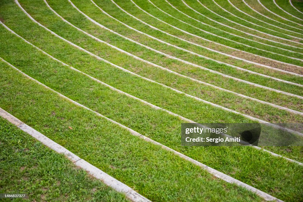 Grass-covered steps of Auditorium Horszowski in Monforte d’Alba, Piedmont, Italy.