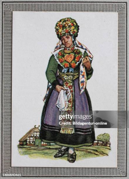 Traditional costumes in Germany in the 19th century, Hanover, Lower Saxony bride, historical, digitally restored reproduction of a collection picture...