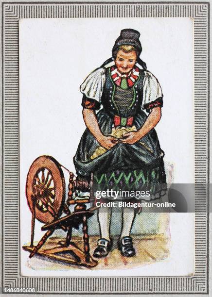 Traditional costumes in Germany in the 19th century, Hesse, peasant woman from the Marburg area, historical, digitally restored reproduction of a...