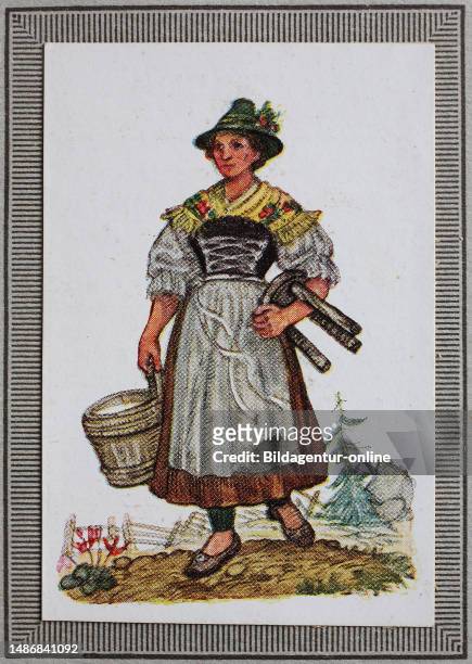 Traditional costumes in Germany in the 19th century, Bavaria, peasant woman from Upper Bavaria, historical, digitally restored reproduction of a...