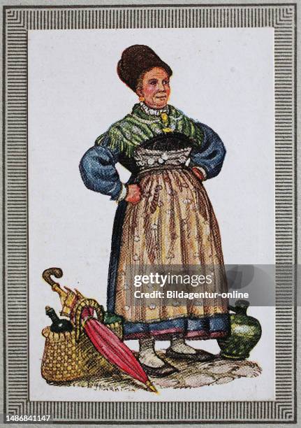 Traditional costumes in Germany in the 19th century, Bavaria, peasant woman from Lake Starnberg, historical, digitally restored reproduction of a...