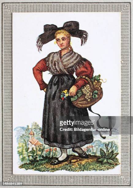 Traditional costumes in Germany in the 19th century, Baden, winegrower's wife from southern Baden, historical, digitally restored reproduction of a...