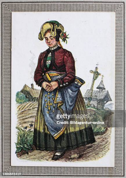 Traditional costumes in Germany in the 19th century, Baden, peasant woman from southern Baden, historical, digitally restored reproduction of a...
