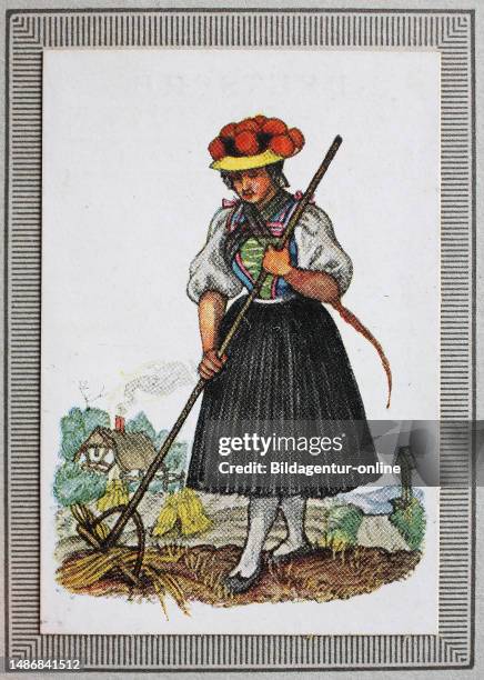 Traditional costumes in Germany in the 19th century, Baden, Black Forest, woman from the Gutachtal with Bollenhut, historical, digitally restored...