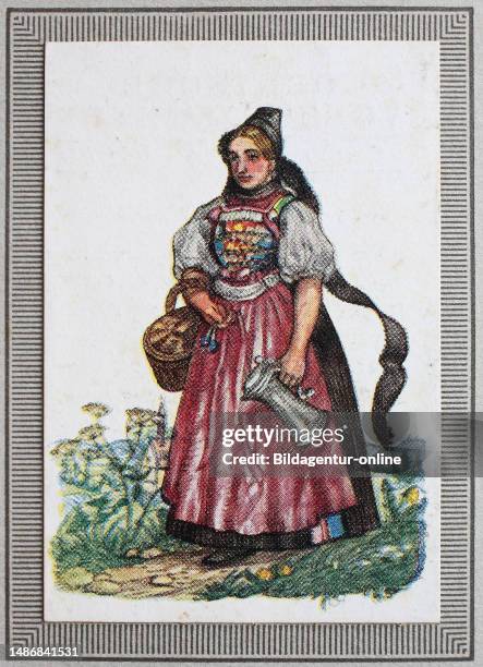 Traditional costumes in Germany in the 19th century, Baden, peasant woman from Mittelbaden, Baarland woman from Donaueschingen, historical, digitally...