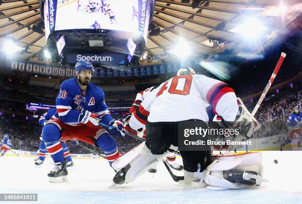 Chris Kreider of the New York Rangers skates against the New Jersey Devils in Game Six of the First Round of the 2023 Stanley Cup Playoffs at Madison...