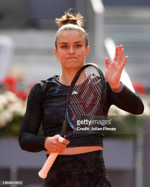 Maria Sakkari of Greece celebrates after victory against Paula Badosa of Spain in the Women's Singles Fourth Round match on Day Eight of the Mutua...