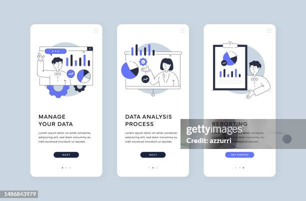 data management and analysis mobile screen templates - financial analyst stock illustrations