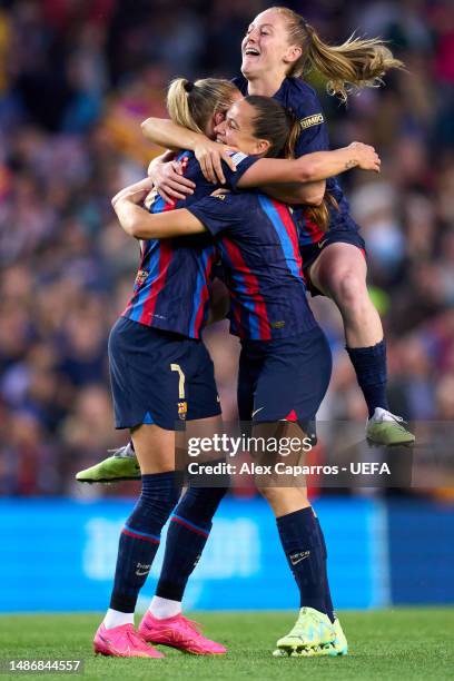 Ana-Maria Crnogorcevic, Laia Codina and Keira Walsh of FC Barcelona celebrate advancing to the final after the UEFA Women's Champions League...