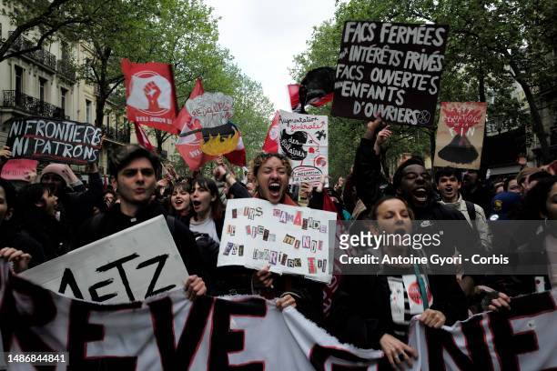 Protesters take part in a May Day demonstration May 1, 2023 in Paris, France. This year's May Day protests coincide with weeks of public outrage over...