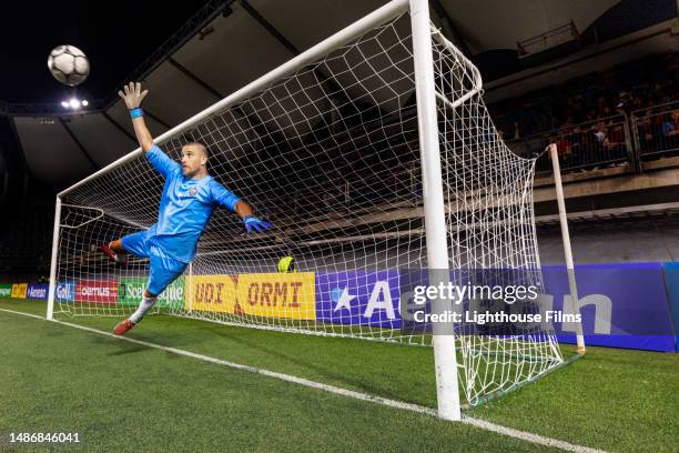 competitive male soccer goalie stretches out and tries to block a shot mid-air during an international match - försvarare fotbollsspelare bildbanksfoton och bilder