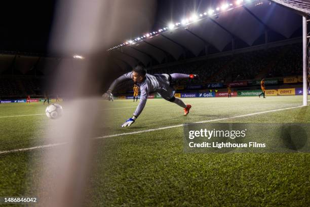 action rear view shot of a male professional soccer goalie diving to stop a goal during a live international game - goal photos et images de collection