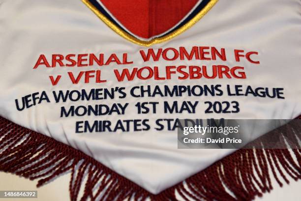 Detailed view of the Arsenal match pennant in the dressing room prior to the UEFA Women's Champions League semi-final 2nd leg match between Arsenal...