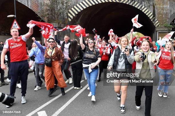 Arsenal fans arrive at the stadium prior to the UEFA Women's Champions League semi-final 2nd leg match between Arsenal and VfL Wolfsburg at Emirates...