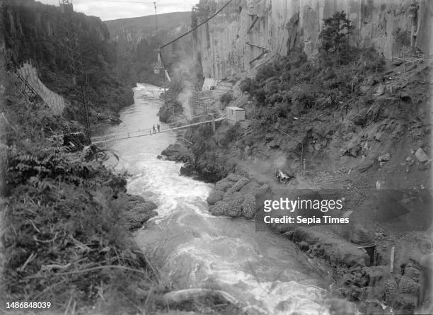 Arapuni gorge during the implementation of the hydro-electric power scheme, ca 1929.