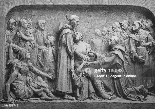 Relief shows Saint Francis, Saint Francis of Assisi, illustration published in 1880.