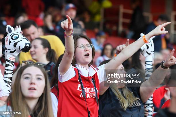 Fans of Arsenal enjoy the pre-match atmosphere prior to the UEFA Women's Champions League semi-final 2nd leg match between Arsenal and VfL Wolfsburg...