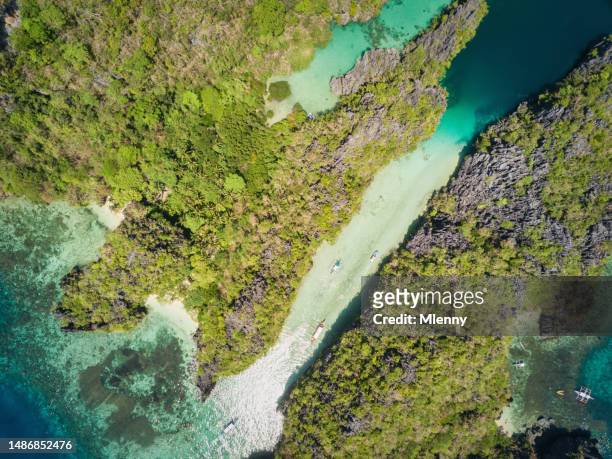 philippines palawan el nido big lagoon miniloc island aerial drone view - mlenny stock pictures, royalty-free photos & images