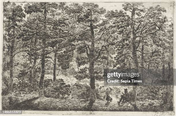 Man is sitting in the woods on the ground. He raises his finger warningly to a girl waving a branch in front of him. Between the trees on the left is...