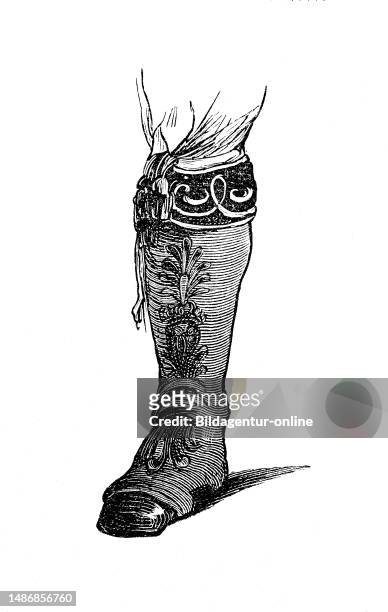 Shoe fashion of the past, a boot from Spain, Middle Ages or earlier, woodcut from the year 1880.