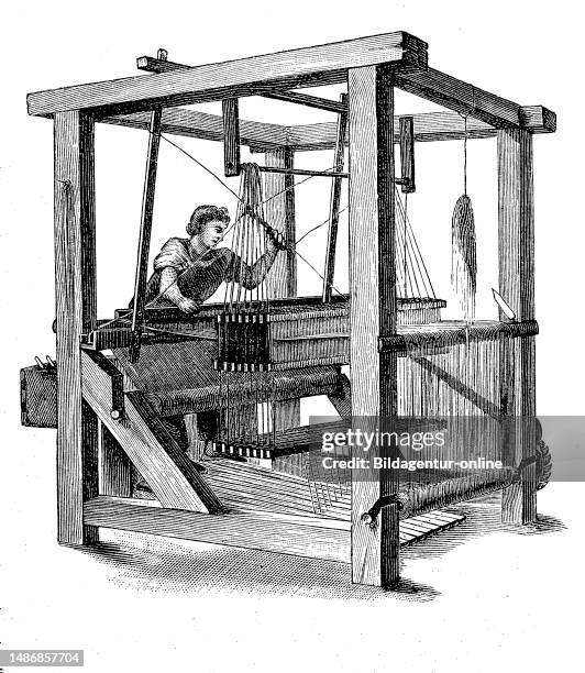 Loom, a device used to weave cloth and tapestry., woodcut from the year 1880.