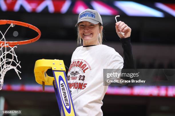 Sydney Wright of Transylvania Pioneers cuts down the net against the Christopher Newport Captains during the Division III Women’s Basketball...