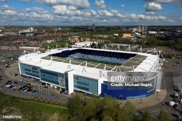 An aerial view of The King Power Stadium is seen prior to the Premier League match between Leicester City and Everton FC on May 01, 2023 in...