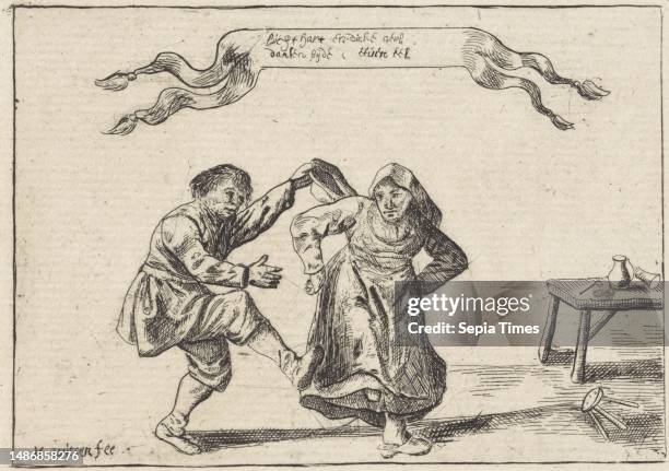 In the center, a dancing peasant couple. Above them a banderole with the Dutch motto: lichthart en dicke neel dansen bijde eeuen eel. To the right, a...