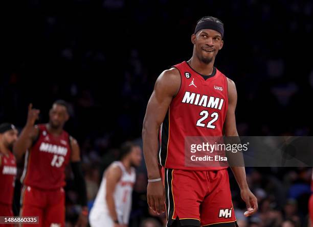 Jimmy Butler of the Miami Heat reacts late in the fourth quarter during game one of the Eastern Conference Semifinals against the New York Knicks at...
