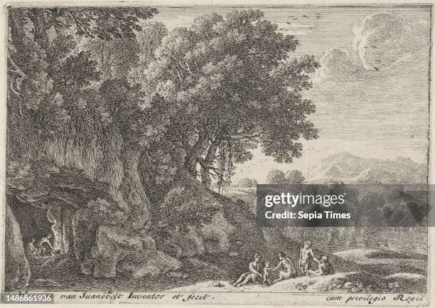 Satyrs are depicted in a cave around a campfire with a pot. To the right, two satyrs are shown with a third satyr playing with a young satyr along...