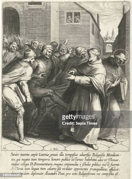 St. Thomas and St. Bonaventure are expelled from the university in Paris by students. Print from a series of 30 prints depicting the life story of...