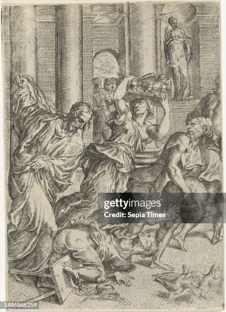Christ drives money changers out of the temple, print maker: Marco dell'Angolo del Moro, , print maker: Crispijn van den Broeck, , Italy, 1514 -...