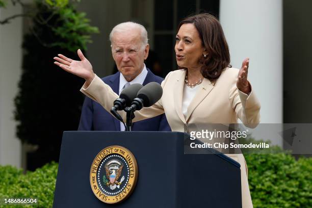 Vice President Kamala Harris delivers remarks with President Joe Biden during an event marking National Small Business Week in the Rose Garden at the...