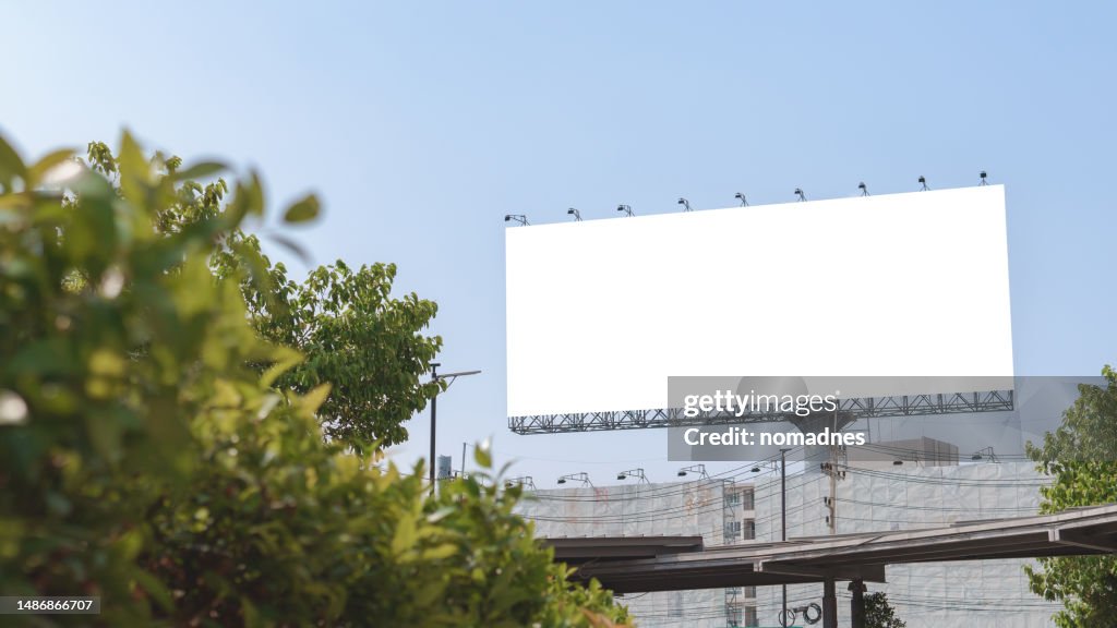 Billboard in the city template. Outdoor business advertising banner frame.