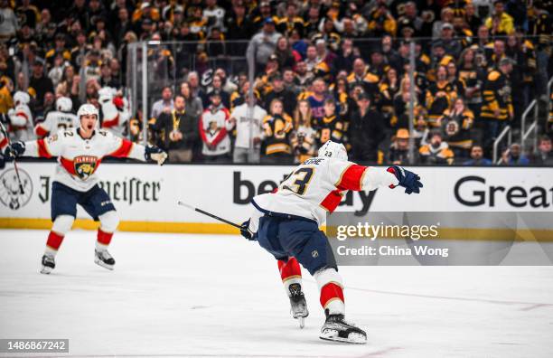 Carter Verhaeghe of the Florida Panthers celebrates his overtime winning goal against the Boston Bruins in Game Seven of the First Round of the 2023...