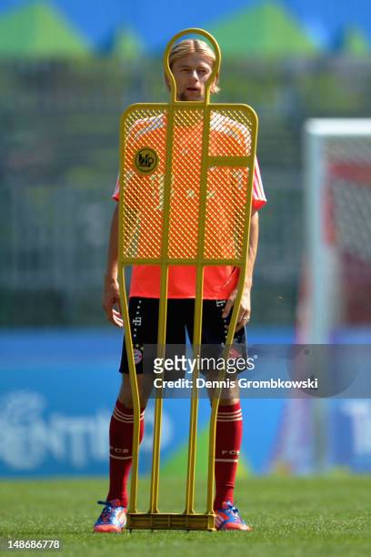 Anatoliy Tymoshchuk of Bayern looks on during day five of the Bayern Muenchen pre-season training camp at Arco Stadium on July 19, 2012 in Arco,...