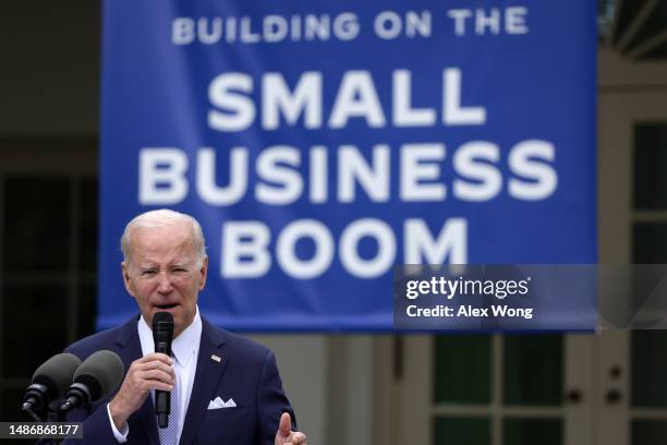 President Joe Biden speaks during a Rose Garden event at the White House to mark National Small Business Week on May 1, 2023 in Washington, DC....