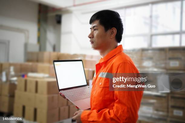 warehouse workers use laptops to work - bank check processing stock pictures, royalty-free photos & images