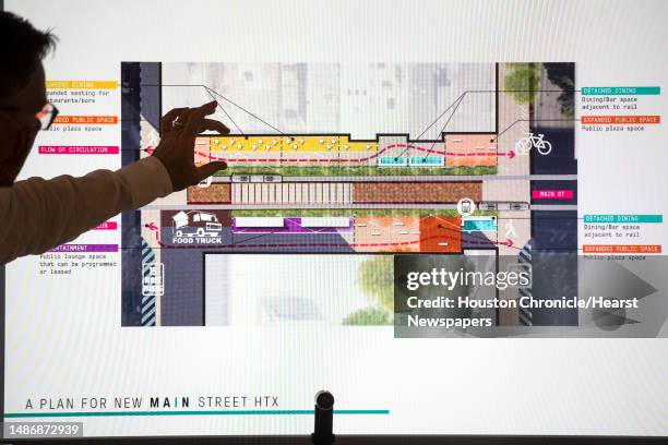 Kinder Baumgardner, managing principal SWA, shows a rendering as he talks about a proposal, Monday, July 27 to close Main Street to vehicular traffic...